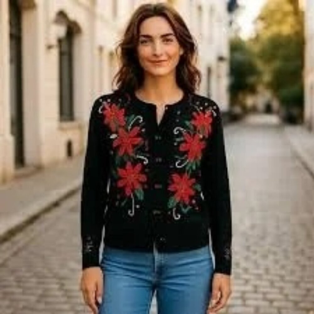 KIKIT Theme Works Cardigan Sweater Beaded Christmas Holiday Black Size XL